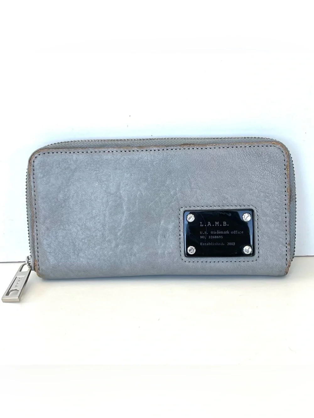 L.A.M.B. Gwen Stefani Gray Smooth Leather Black Logo Full Zipper Around Wallet